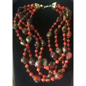 Vtg Signed Ellelle Italy Four Strand Faux Coral Tiger Eye Lucite Necklace 19.5